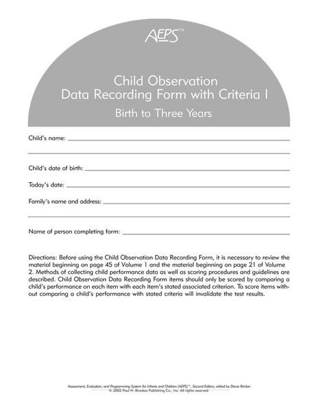 Produktbild: Assessment, Evaluation, and Programming System for Infants and Children (Aeps(r)), Child Observation Data Recording Form I