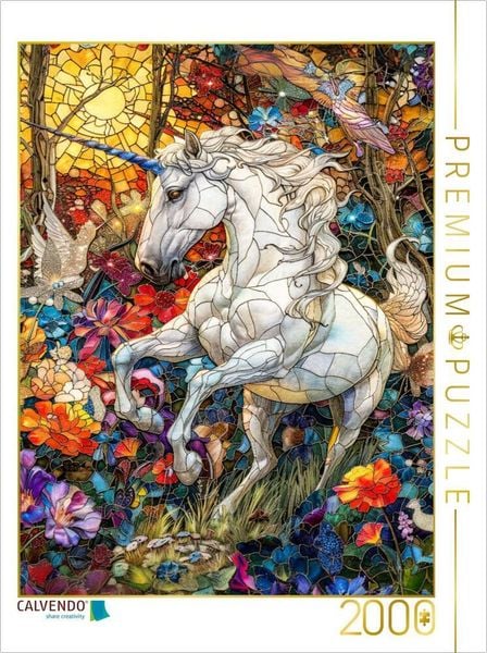 CALVENDO Puzzle Ein majestätisches Einhorn prangt auf einer farbenfrohen Blumenwiese | 2000 Teile Lege-Größe 90x67cm Foto-Puzzle für glückliche Stunden