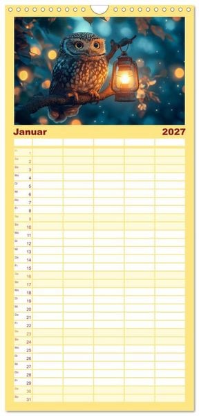 Produktbild: Familienplaner 2027 - Eulen im Wald - Die geheimen Jobs und Aufgaben mit 5 Spalten (Wandkalender, 21 x 45 cm) CALVENDO