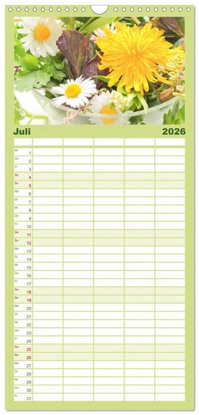 Produktbild: Familienplaner 2026 - essbare Bl&uuml;ten und Bl&auml;tter mit 5 Spalten (Wandkalender, 21 x 45 cm) CALVENDO