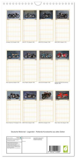 Produktbild: Familienplaner 2026 - Deutsche Motorrad - Legenden - Rollende Kunstwerke aus alten Zeiten mit 5 Spalten (Wandkalender, 21 x 45 cm) CALVENDO