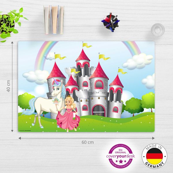 Produktbild: Cover-your-desk Schreibtischunterlage f&uuml;r Kinder M&auml;rchenschloss mit Einhorn und Prinzessin, aus hochwertigem Vinyl , 60 x 40 cm