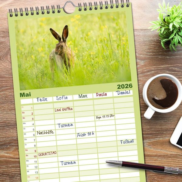 Produktbild: Familienplaner 2026 - Feldhasen unterwegs in Wald und Flur mit 5 Spalten (Wandkalender, 21 x 45 cm) CALVENDO