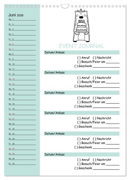 Produktbild: Geburtstagsplaner Doodle Tiere - F&uuml;r Termine, Geschenke, Eventdetails & mehr (Wandkalender 2026 DIN A3 hoch), CALVENDO Monatskalender
