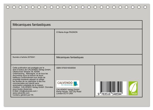 Produktbild: M&eacute;caniques fantastiques (Calendrier de bureau 2026 DIN A5 vertical), CALVENDO calendrier mensuel