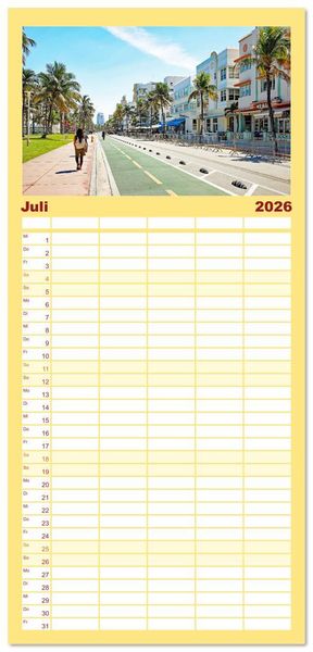 Produktbild: Familienplaner 2026 - Miami und Miami Beach mit 5 Spalten (Wandkalender, 21 x 45 cm) CALVENDO