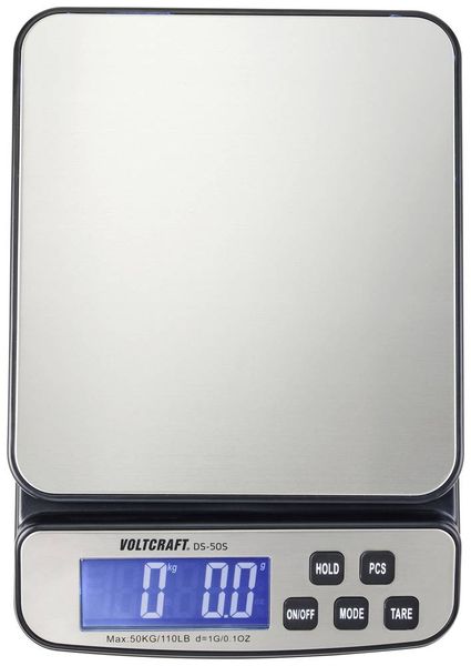 Produktbild: VOLTCRAFT DS-50S Tischwaage W&auml;gebereich (max.) 50 kg Ablesbarkeit 1 g batteriebetrieben, &uuml;ber Steckernetzteil (Optional) Silber