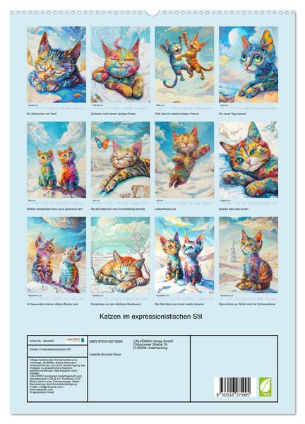 Produktbild: Katzen im expressionistischen Stil (hochwertiger Premium Wandkalender 2026 DIN A2 hoch), Kunstdruck in Hochglanz