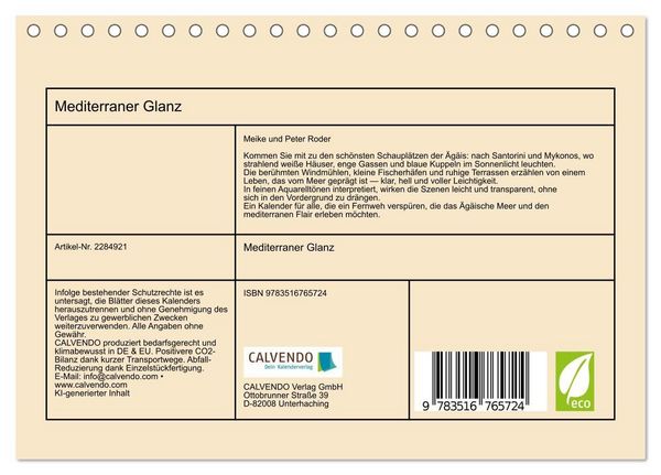 Produktbild: Mediterraner Glanz (Tischkalender 2027 DIN A5 quer), CALVENDO Monatskalender