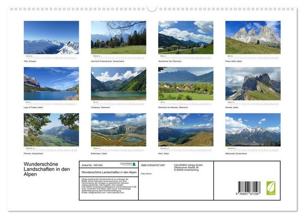 Produktbild: Wundersch&ouml;ne Landschaften in den Alpen (hochwertiger Premium Wandkalender 2026 DIN A2 quer), Kunstdruck in Hochglanz