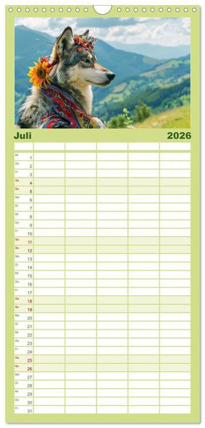 Produktbild: Familienplaner 2026 - Wilder Style. Modische W&ouml;lfe in der Natur mit 5 Spalten (Wandkalender, 21 x 45 cm) CALVENDO