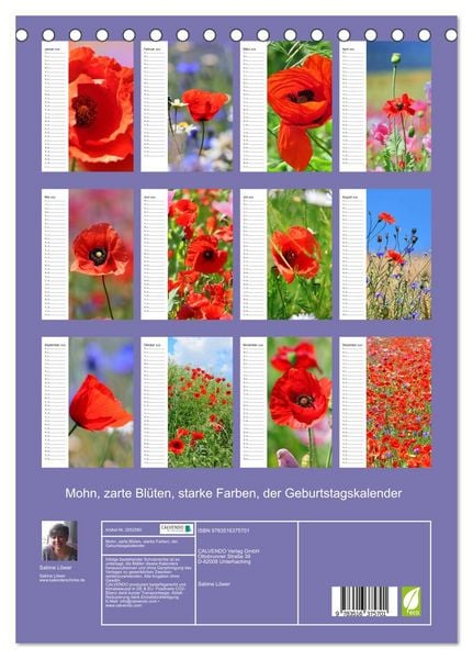 Produktbild: Mohn, zarte Bl&uuml;ten, starke Farben, der Geburtstagskalender (Tischkalender 2026 DIN A5 hoch), CALVENDO Monatskalender