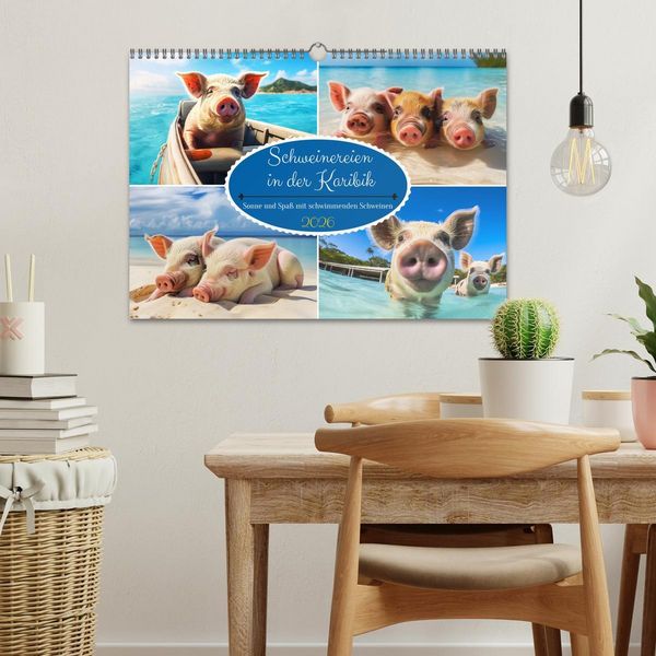 Produktbild: Schweinereien in der Karibik. Sonne und Spa&szlig; mit schwimmenden Schweinen (Wandkalender 2026 DIN A3 quer), CALVENDO Monatskalender