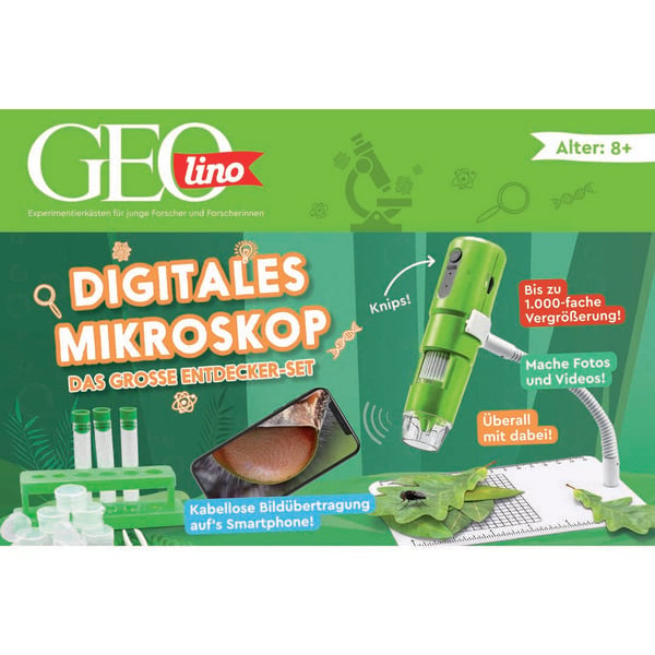 Produktbild: FRANZIS 67184 - GEOLINO Digitales Mikroskop, das gro&szlig;e Entdecker-Set mit Experimentierideen f&uuml;r drinnen und drau&szlig;en f&uuml;r Kinder ab 8 Jahren, inkl. 96-seitigem Begleitbuch