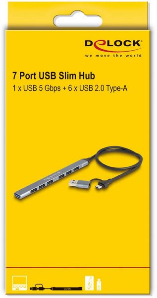 Produktbild: Delock 64273 USB-Hub 7 Port USB-A USB 3.2 Gen1 5 GBit/s mit USB-C&reg; Stecker Grau 64273