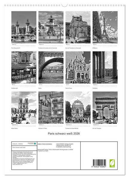 Produktbild: Paris schwarz wei&szlig; 2026 (hochwertiger Premium Wandkalender 2026 DIN A2 hoch), Kunstdruck in Hochglanz