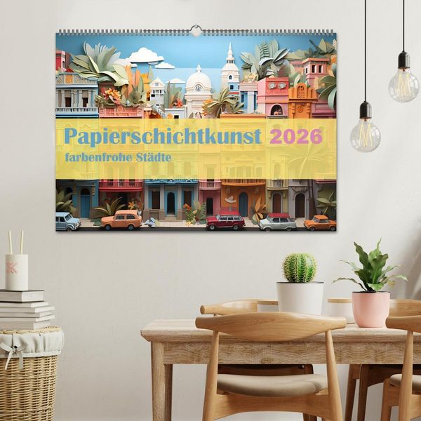 Produktbild: Papierschicktkunst - farbenfohe St&auml;dte (Wandkalender 2026 DIN A2 quer), CALVENDO Monatskalender