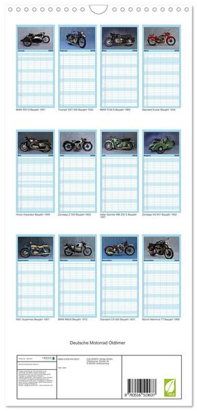Produktbild: Familienplaner 2026 - Deutsche Motorrad Oldtimer mit 5 Spalten (Wandkalender, 21 x 45 cm) CALVENDO
