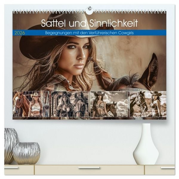 Produktbild: Sattel und Sinnlichkeit - Begegnungen mit den Verf&uuml;hrerischen Cowgirls (hochwertiger Premium Wandkalender 2026 DIN A2 quer), Kunstdruck in Hochglanz