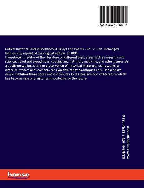 Produktbild: Critical Historical and Miscellaneous Essays and Poems