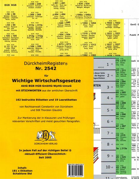 Produktbild: D&uuml;rckheimRegister&reg; WICHTIGE WIRTSCHAFTSGESETZE (BGB, HGB, GmbHG, AktG, UmwG) MIT Stichworten