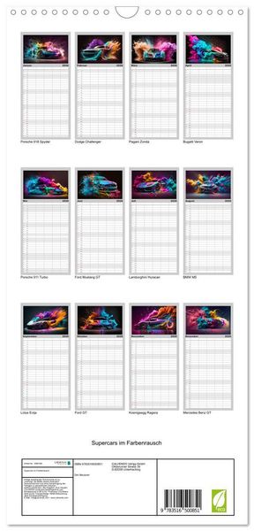 Produktbild: Familienplaner 2026 - Supercars im Farbenrausch mit 5 Spalten (Wandkalender, 21 x 45 cm) CALVENDO