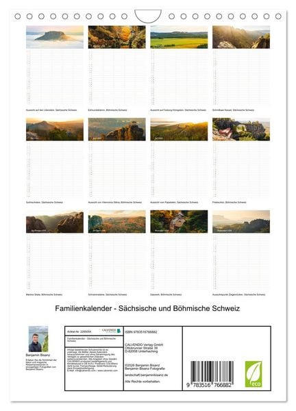 Produktbild: Familienkalender - S&auml;chsische und B&ouml;hmische Schweiz (Wandkalender 2027 DIN A4 hoch), CALVENDO Monatskalender