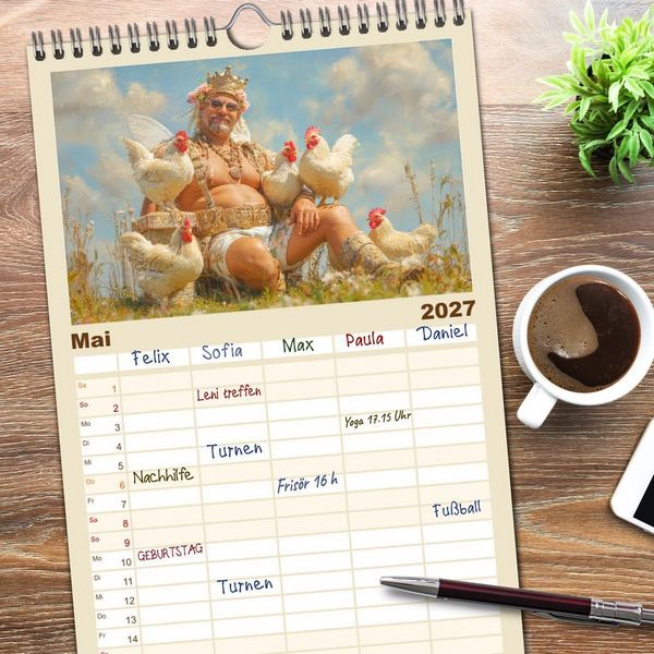 Produktbild: Familienplaner 2027 - Die H&uuml;hnerhelden. Witz und Charme mit M&auml;nnern, die Eier haben mit 5 Spalten (Wandkalender, 21 x 45 cm) CALVENDO