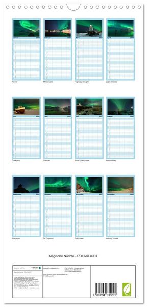 Produktbild: Familienplaner 2027 - Magische N&auml;chte - POLARLICHT mit 5 Spalten (Wandkalender, 21 x 45 cm) CALVENDO