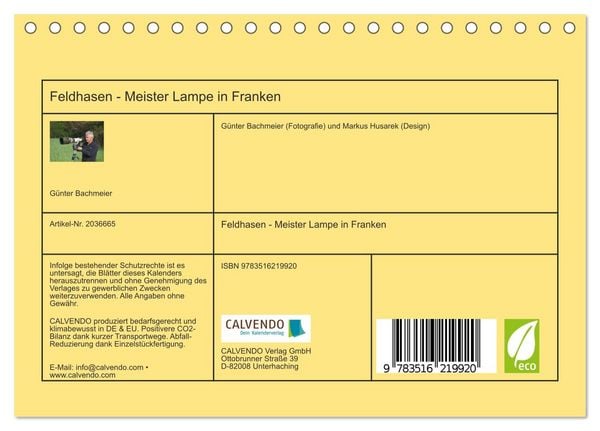 Produktbild: Feldhasen - Meister Lampe in Franken (Tischkalender 2026 DIN A5 quer), CALVENDO Monatskalender