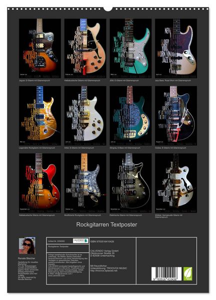 Produktbild: Rockgitarren Textposter (hochwertiger Premium Wandkalender 2026 DIN A2 hoch), Kunstdruck in Hochglanz