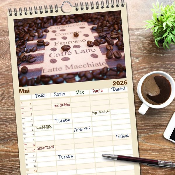 Produktbild: Familienplaner 2026 - Der Kaffee ist fertig mit 5 Spalten (Wandkalender, 21 x 45 cm) CALVENDO