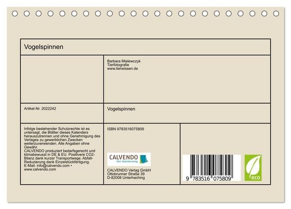 Produktbild: Vogelspinnen (Tischkalender 2026 DIN A5 quer), CALVENDO Monatskalender