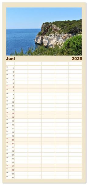 Produktbild: Familienplaner 2026 - Menorca, die sch&ouml;ne Schwester mit 5 Spalten (Wandkalender, 21 x 45 cm) CALVENDO