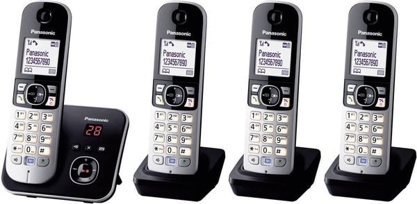 Panasonic KX-TG6824 Quattro DECT, GAP Schnurloses Telefon analog Anrufbeantworter, Freisprechen Schwarz, Silber