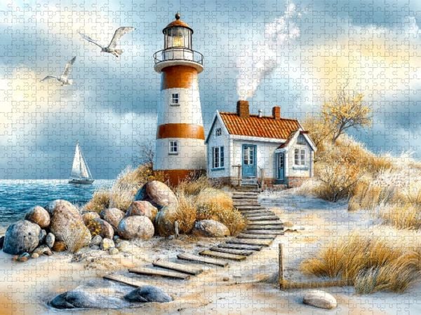 Produktbild: CALVENDO Puzzle Der Leuchtturm - zu jeder Zeit weist er den Weg | 1000 Teile Lege-Gr&ouml;&szlig;e 64x48cm Foto-Puzzle f&uuml;r gl&uuml;ckliche Stunden