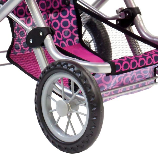 Bino 82916 - Colin Puppenwagen mit Tasche, Hängetasche und Netz, zusammenklappbar, rosa/schwarz