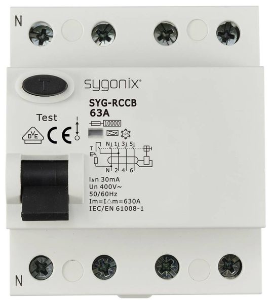 Produktbild: Sygonix SY-6438020 SYG-RCCB 3P+N/A63/10kA/30mA Fehlerstrom-Schutzschalter A 4polig 63 A 0.03 A 400 V/AC