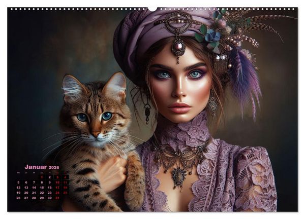 Produktbild: Luxuri&ouml;ser Bohemian Flair - Elegante Frauen mit anmutigen Katzen (hochwertiger Premium Wandkalender 2026 DIN A2 quer), Kunstdruck in Hochglanz