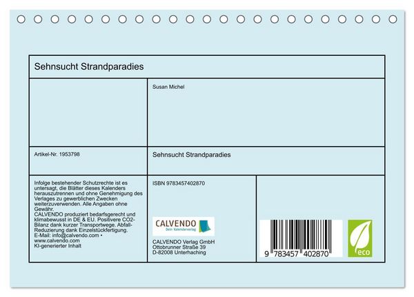 Produktbild: Sehnsucht Strandparadies (Tischkalender 2026 DIN A5 quer), CALVENDO Monatskalender