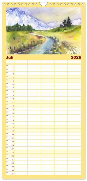 Produktbild: Familienplaner 2026 - Landschaft in Aquarell mit 5 Spalten (Wandkalender, 21 x 45 cm) CALVENDO