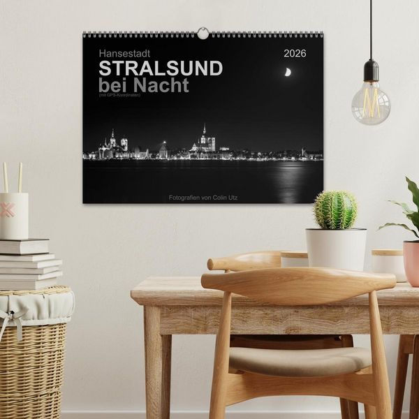 Produktbild: Hansestadt Stralsund bei Nacht (mit GPS-Koordinaten) (Wandkalender 2026 DIN A3 quer), CALVENDO Monatskalender