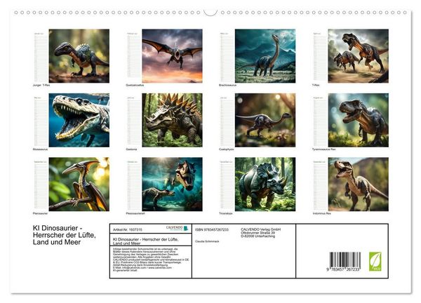 Produktbild: KI Dinosaurier - Herrscher der L&uuml;fte, Land und Meer (hochwertiger Premium Wandkalender 2026 DIN A2 quer), Kunstdruck in Hochglanz