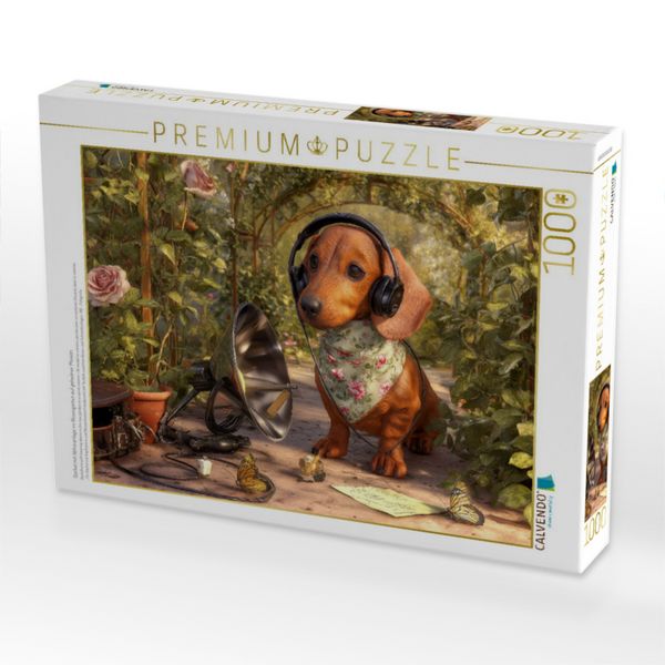 Produktbild: CALVENDO Puzzle Dackel mit Abh&ouml;ranlage im Rosengarten auf geheimer Mission | 1000 Teile Lege-Gr&ouml;&szlig;e 64x48cm Foto-Puzzle f&uuml;r gl&uuml;ckliche Stunden