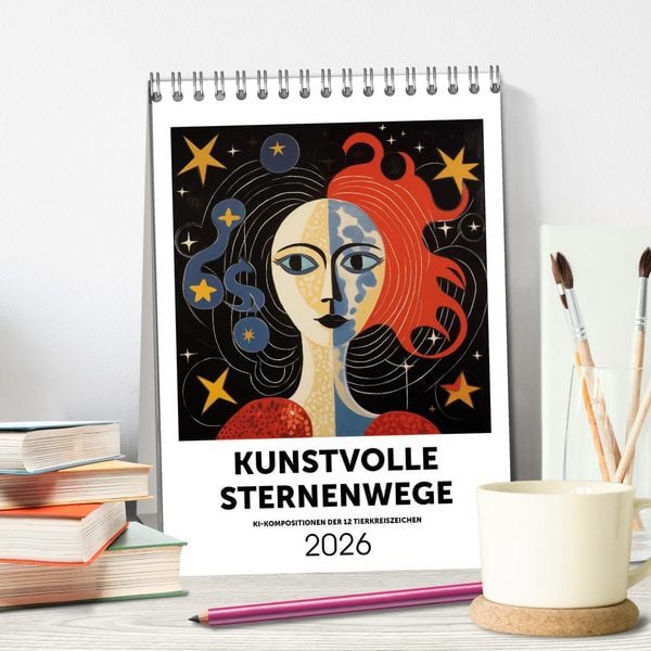Produktbild: Kunstvolle Sternenwege: KI-Kompositionen der 12 Tierkreiszeichen (Tischkalender 2026 DIN A5 hoch), CALVENDO Monatskalender
