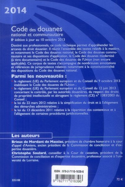 Produktbild: Code des douanes national et