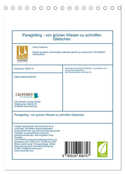 Produktbild: Paragliding - von gr&uuml;nen Wiesen zu schroffen Gletschen (Tischkalender 2026 DIN A5 hoch), CALVENDO Monatskalender