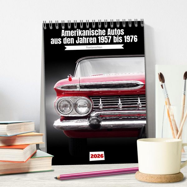 Produktbild: Amerikanische Autos aus den Jahren 1957 bis 1976 Frontansichten (Tischkalender 2026 DIN A5 hoch), CALVENDO Monatskalender