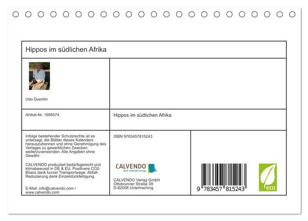 Produktbild: Hippos im s&uuml;dlichen Afrika (Tischkalender 2026 DIN A5 quer), CALVENDO Monatskalender