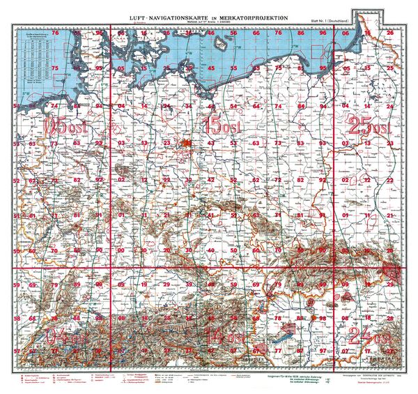 LUFT-NAVIGATIONSKARTE Deutschland mit Bodenorganisation der Luftwaffe 1943 (Plano)